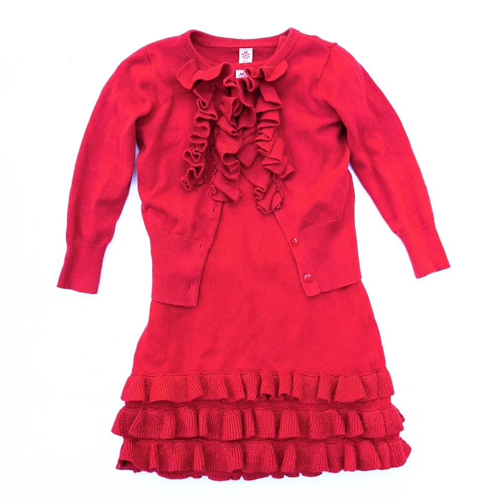 CHEROKEE girls ruffled red knit sweater dress & sweater